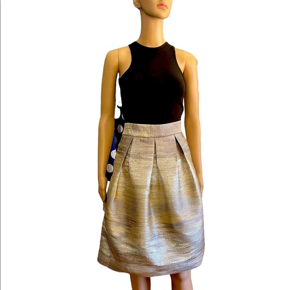 Simply Stuled Midi Skirt Small Metallic Formal Evening Pleated Zip A-Line Gold